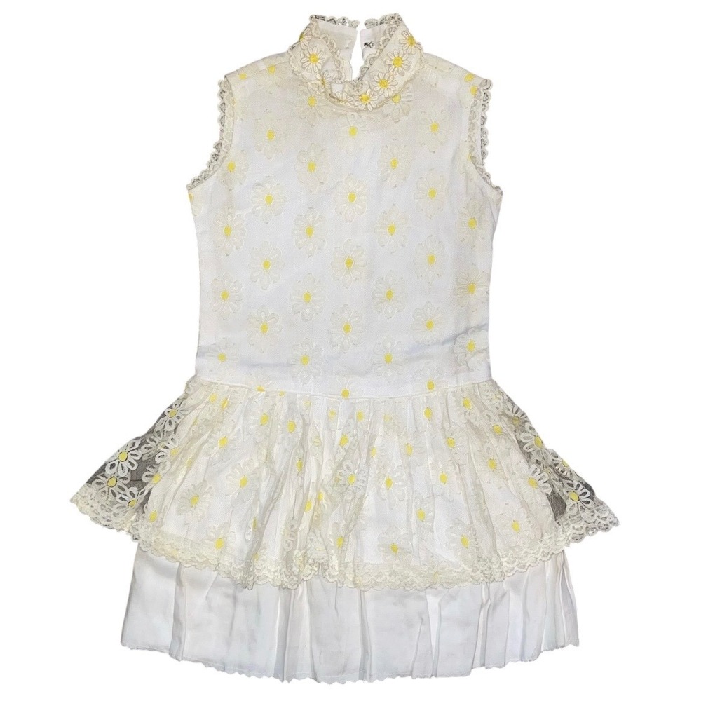 Vintage Girls White Yellow Daisy Lace Drop Waist Dress Mock Neck Talon Zip 1960s